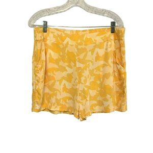Nine West Elastic Back Shorts Flat Front Yellow Tropical Floral Sz Women's Large